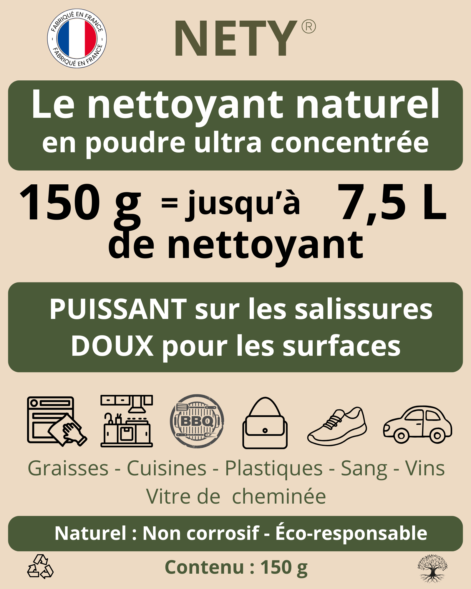 NETY Format Standard 150g - Nettoyant écologique en poudre ultra-concentré pour 7,5L - Meilleur rapport qualité-prix